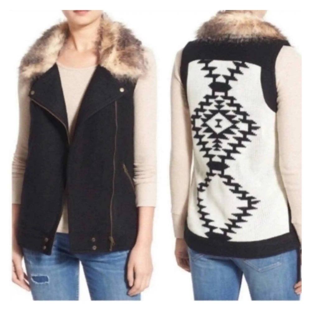 THREAD & SUPPLY | ASYMETRICAL WOOL BLEND SWEATER VEST AZTEC FAUX FUR WOMEN'S XS